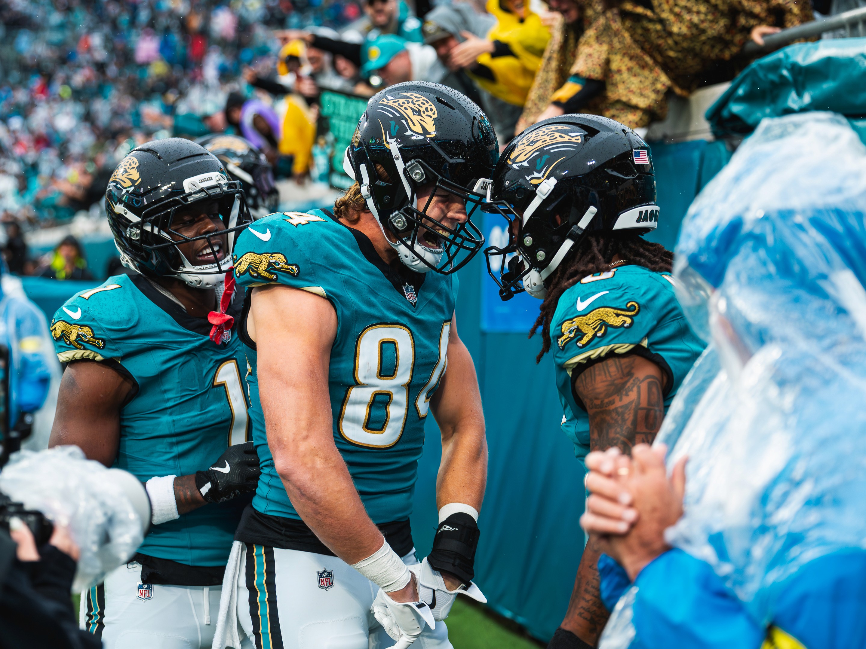 Tight end Hunter Long (84) roars with teammates at the wall after a touchdown.